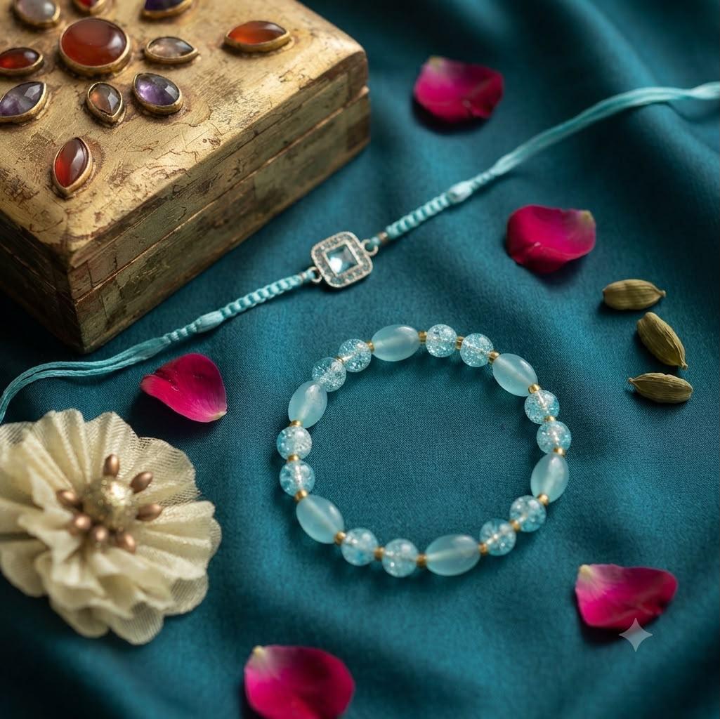 Rakhi & Bracelet Gift Set for Brother | Premium Crystal Designer Rakhi with Matching Beaded Bracelet