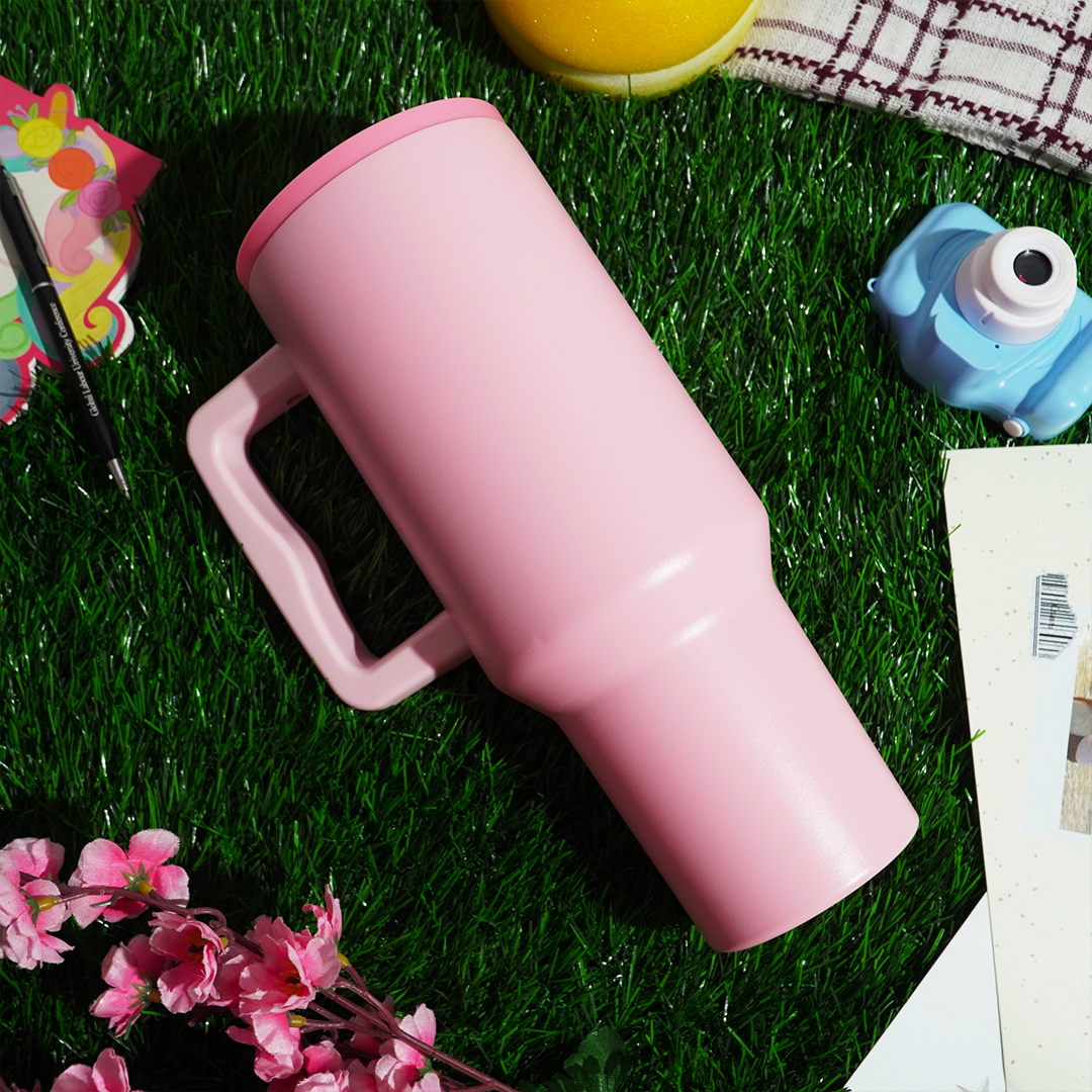 Blush Dark Pink Lid Premium Insulated Tumbler with Handle & Straw