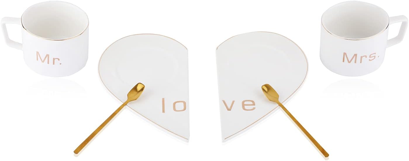 Mr and Mrs Ceramic mug || Couple Coffee Cup and Tea Mugs with Heart Shape Saucer & Stainless Spoon || Microwave Safe, Dishwasher Safe| Valentine Day Gift Mug. (white)