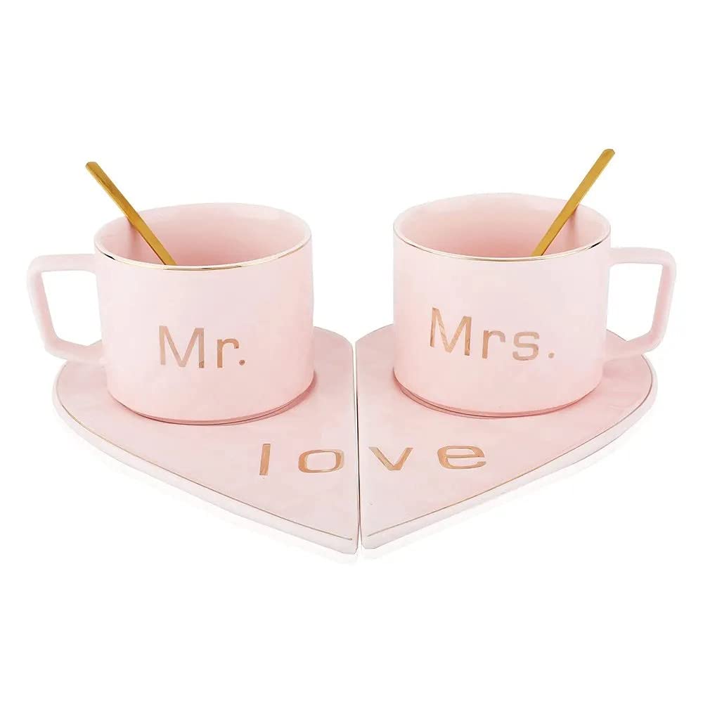 Mr and Mrs Ceramic mug || Couple Coffee Cup and Tea Mugs with Heart Shape Saucer || Microwave Safe, Dishwasher Safe| Valentine Day Gift Pink Mug.