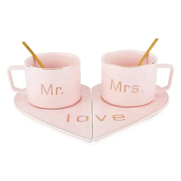 Mr and Mrs Ceramic mug || Couple Coffee Cup and Tea Mugs with Heart Shape Saucer || Microwave Safe, Dishwasher Safe| Valentine Day Gift Pink Mug.