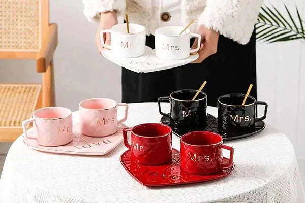 Mr and Mrs Ceramic mug || Couple Coffee Cup and Tea Mugs with Heart Shape Saucer || Microwave Safe, Dishwasher Safe| Valentine Day Gift Pink Mug.
