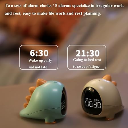 Cute Dinosaur Alarm Clock with USB Charging Port, 2 Alarms Loud LED Display, Snooze Function, Desk Clock Adjustable Ringtone Timed Reminder Dual Alarms, Snooze, Digital Display, Nap Timer, 8 Levels Adjustable Volume for Kids