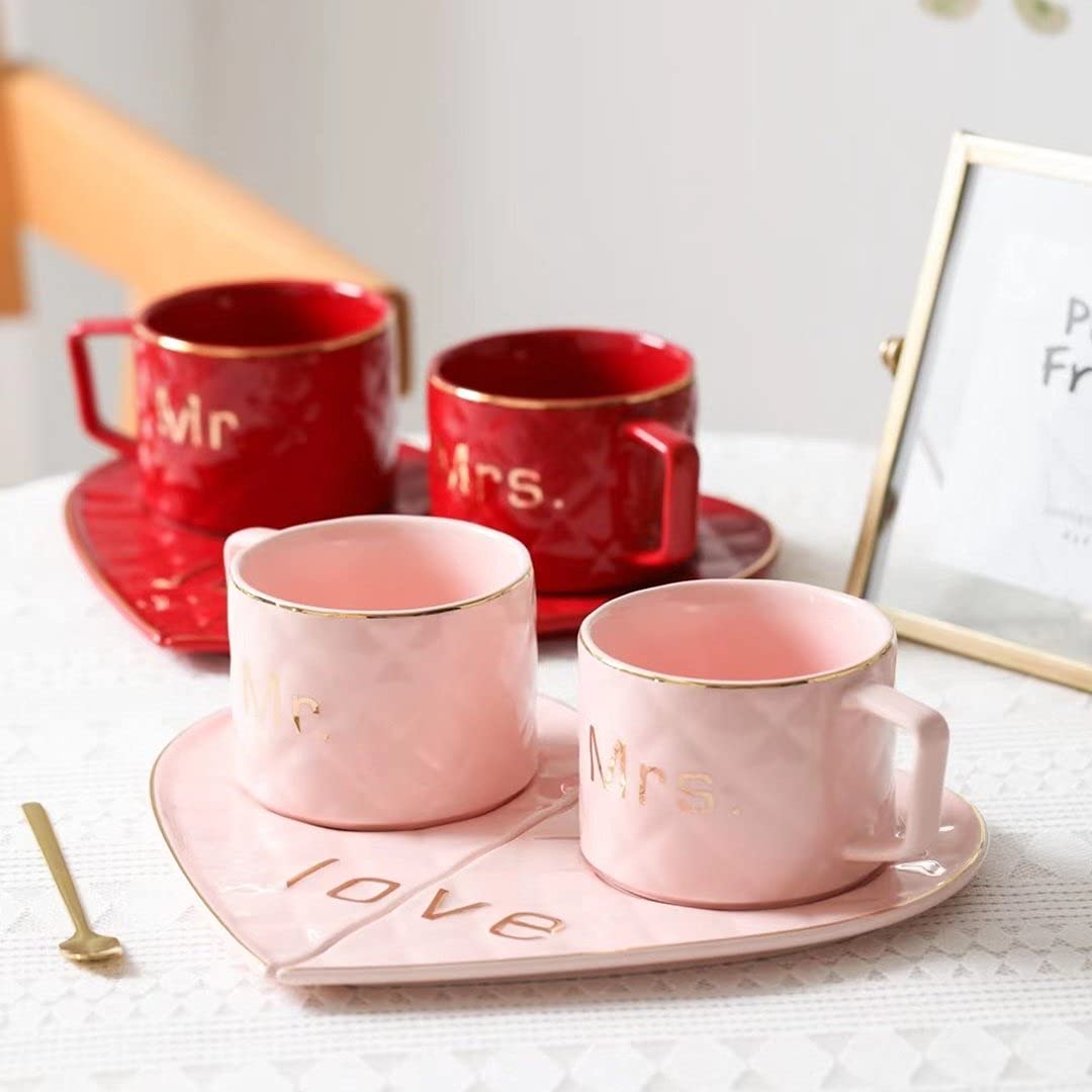 Mr and Mrs Ceramic mug || Couple Coffee Cup and Tea Mugs with Heart Shape Saucer & Stainless Spoon || Microwave Safe, Dishwasher Safe| Valentine Day Gift Mug. (Red)