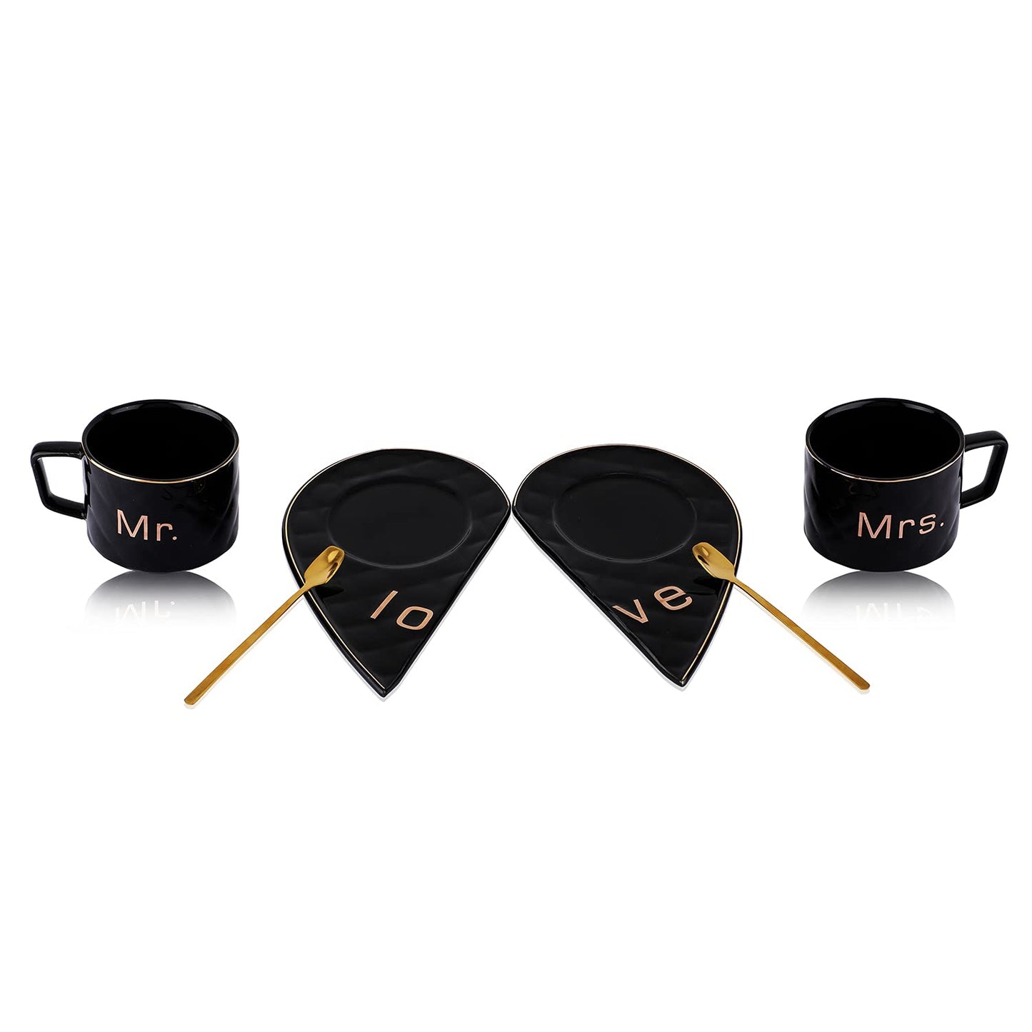 Mr and Mrs Ceramic mug || Couple Coffee Cup and Tea Mugs with Heart Shape Saucer & Stainless Spoon || Microwave Safe, Dishwasher Safe| Valentine Day Gift Mug. (Black)