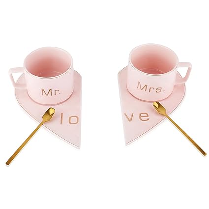 Mr and Mrs Ceramic mug || Couple Coffee Cup and Tea Mugs with Heart Shape Saucer || Microwave Safe, Dishwasher Safe| Valentine Day Gift Pink Mug.