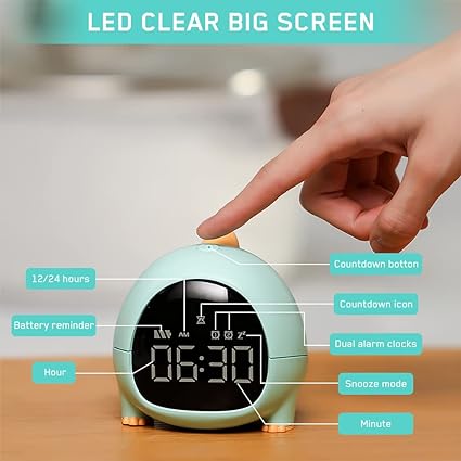 Cute Dinosaur Alarm Clock with USB Charging Port, 2 Alarms Loud LED Display, Snooze Function, Desk Clock Adjustable Ringtone Timed Reminder Dual Alarms, Snooze, Digital Display, Nap Timer, 8 Levels Adjustable Volume for Kids