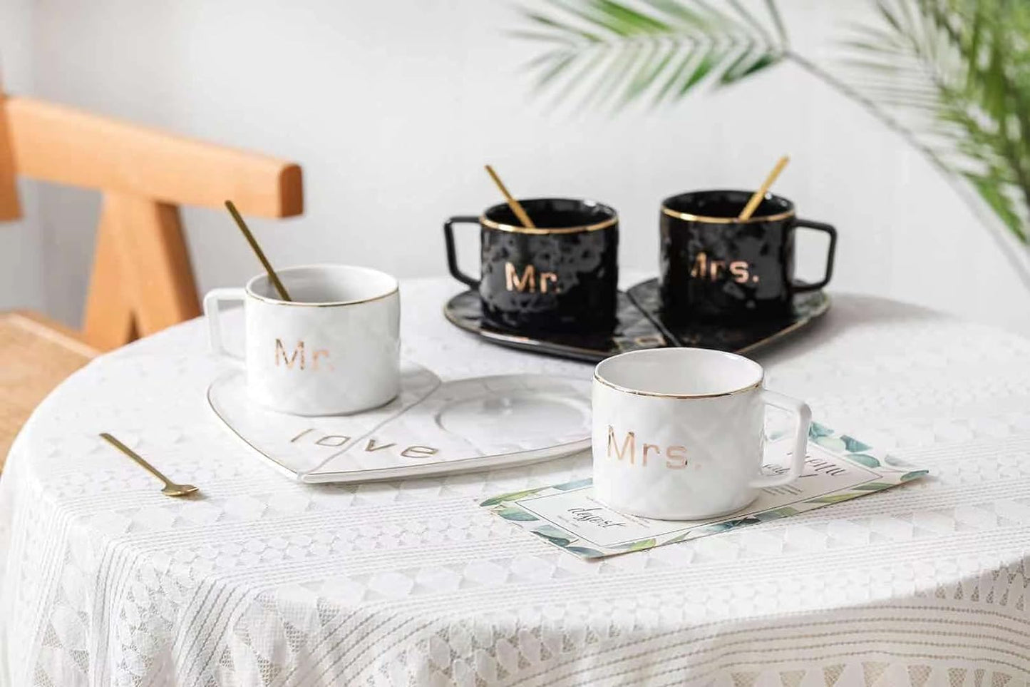 Mr and Mrs Ceramic mug || Couple Coffee Cup and Tea Mugs with Heart Shape Saucer & Stainless Spoon || Microwave Safe, Dishwasher Safe| Valentine Day Gift Mug. (Black)