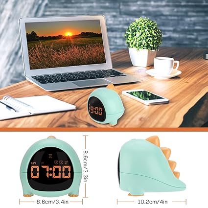 Cute Dinosaur Alarm Clock with USB Charging Port, 2 Alarms Loud LED Display, Snooze Function, Desk Clock Adjustable Ringtone Timed Reminder Dual Alarms, Snooze, Digital Display, Nap Timer, 8 Levels Adjustable Volume for Kids