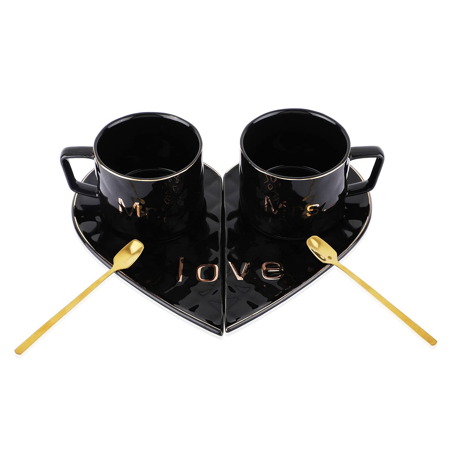 Mr and Mrs Ceramic mug || Couple Coffee Cup and Tea Mugs with Heart Shape Saucer & Stainless Spoon || Microwave Safe, Dishwasher Safe| Valentine Day Gift Mug. (Black)
