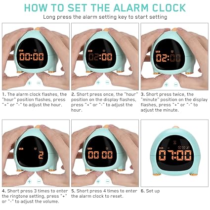 Cute Dinosaur Alarm Clock with USB Charging Port, 2 Alarms Loud LED Display, Snooze Function, Desk Clock Adjustable Ringtone Timed Reminder Dual Alarms, Snooze, Digital Display, Nap Timer, 8 Levels Adjustable Volume for Kids