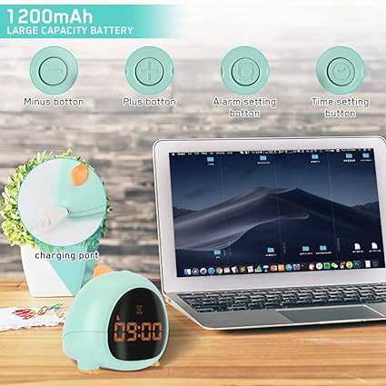 Cute Dinosaur Alarm Clock with USB Charging Port, 2 Alarms Loud LED Display, Snooze Function, Desk Clock Adjustable Ringtone Timed Reminder Dual Alarms, Snooze, Digital Display, Nap Timer, 8 Levels Adjustable Volume for Kids