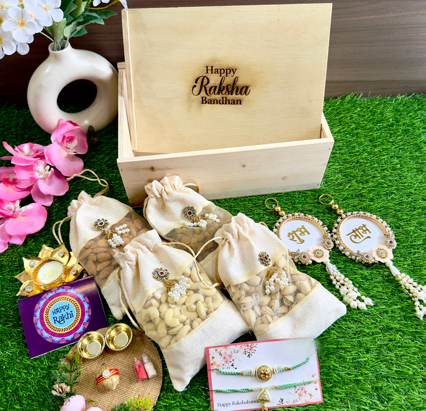 Rustic Rakhi Elegance Hamper – Premium Dry Fruits & Divine Decor