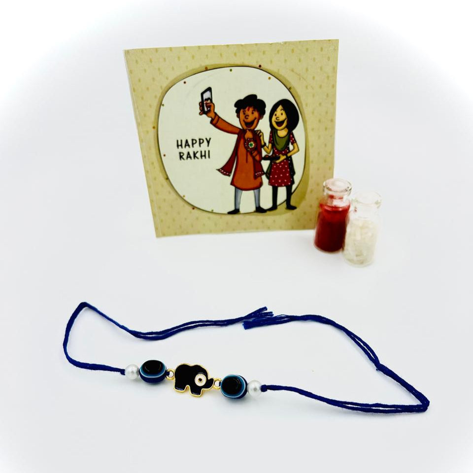 Blue Evil Eye Elephant Rakhi with Greeting Card & Roli Chawal Set