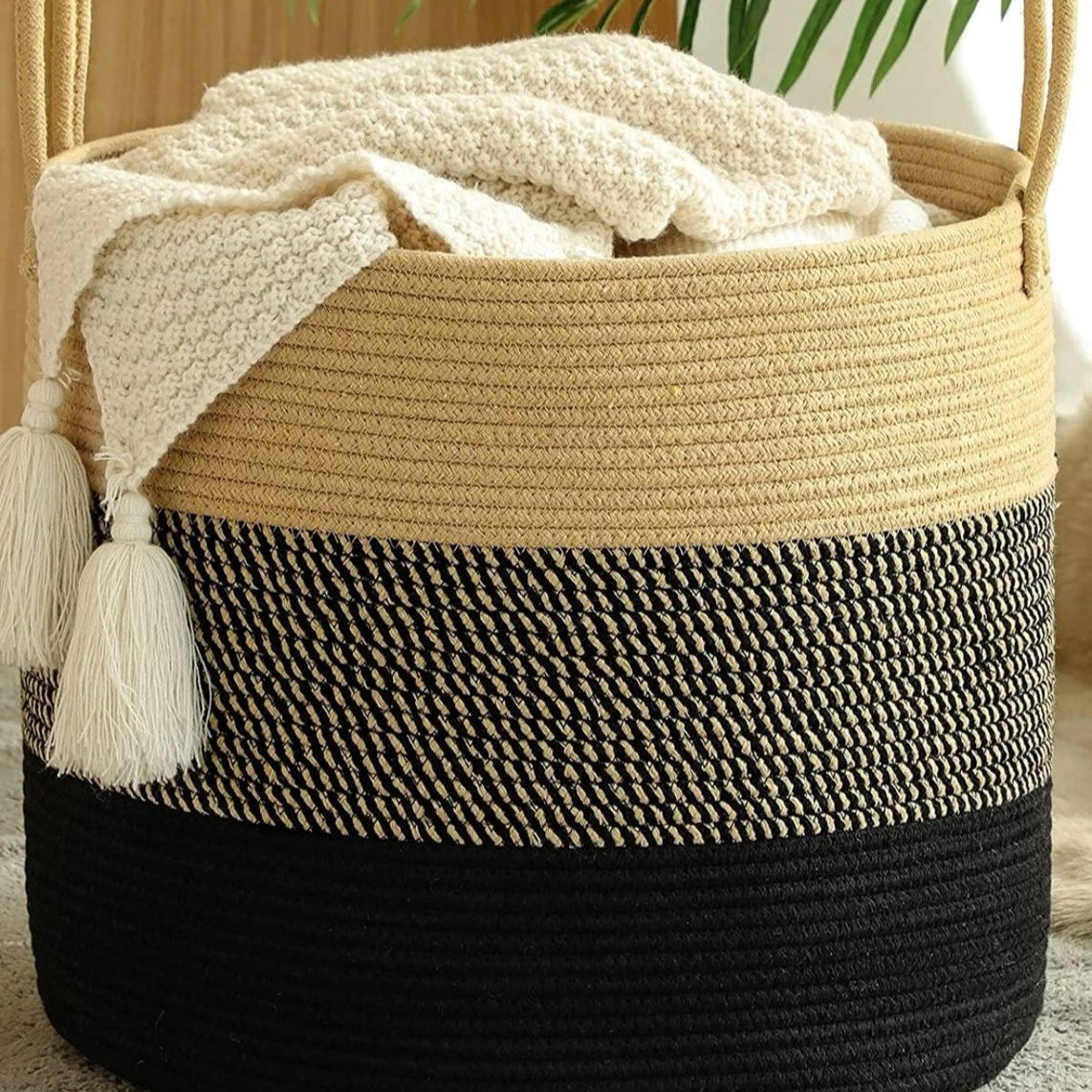 Beige & Black Cotton Multifunctional Basket – Sturdy Storage Organizer with Handles