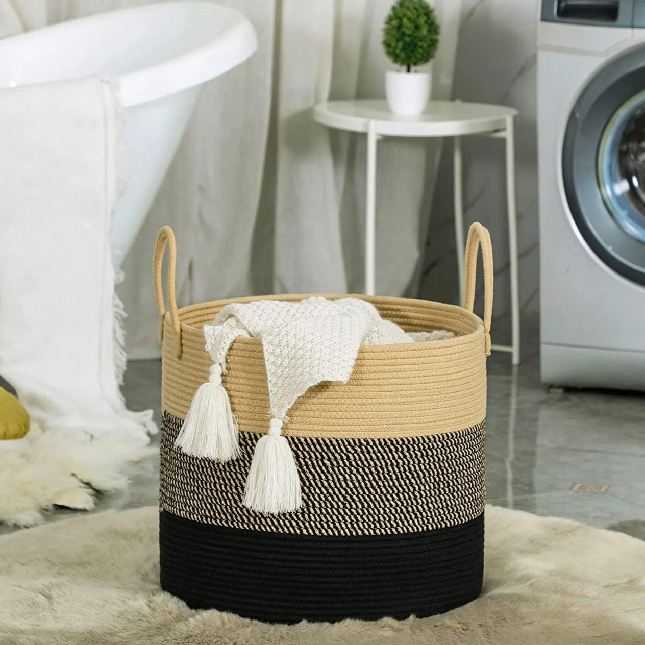 Beige & Black Cotton Multifunctional Basket – Sturdy Storage Organizer with Handles