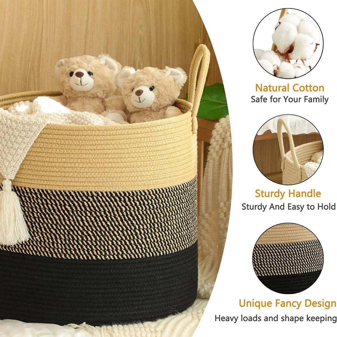 Beige & Black Cotton Multifunctional Basket – Sturdy Storage Organizer with Handles