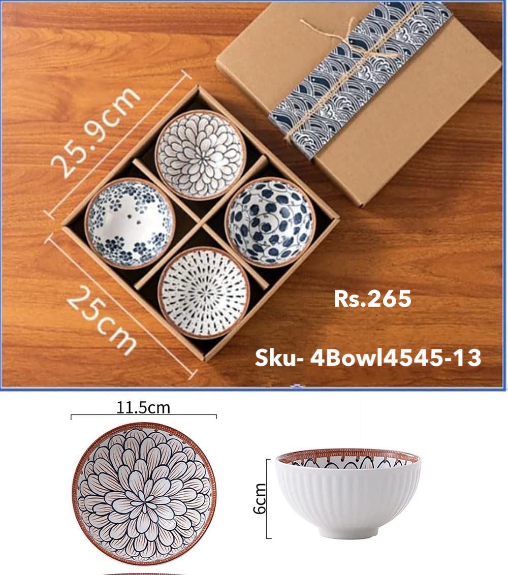 Set of 4 Monochrome Elegance Ceramic Bowls – (11.5cm, 265ml each)