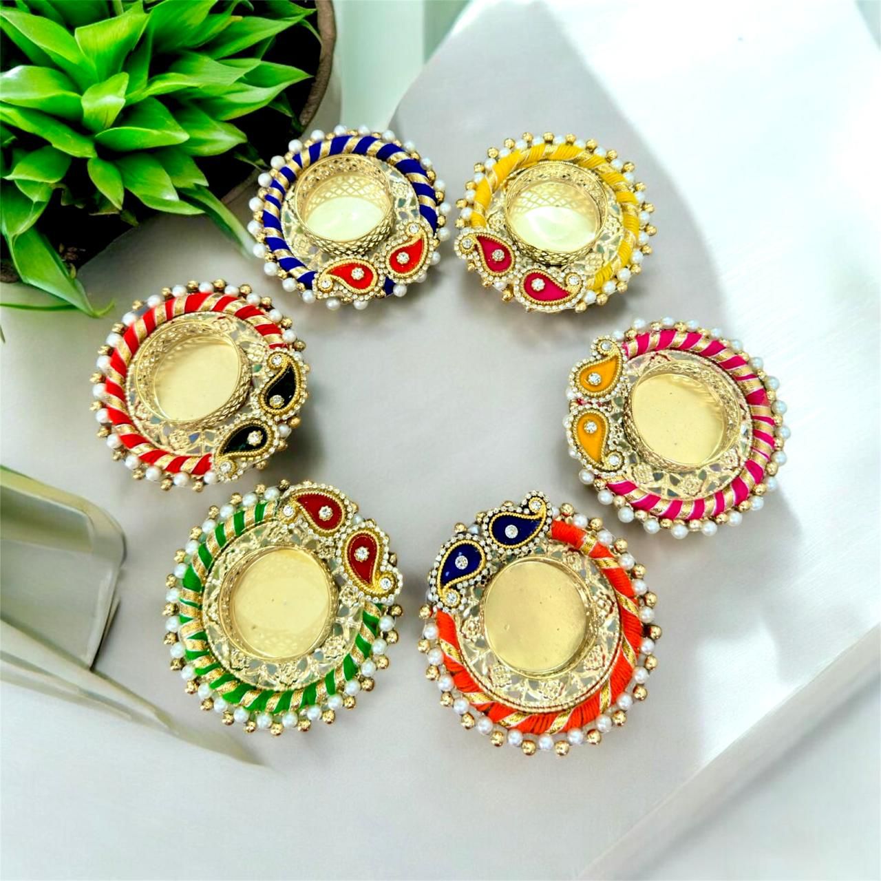 Premium Multicolor Decorative Diya Set of 6 – Festive Pearl & Stone Design