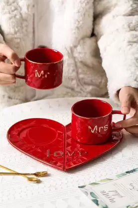 Mr and Mrs Ceramic mug || Couple Coffee Cup and Tea Mugs with Heart Shape Saucer & Stainless Spoon || Microwave Safe, Dishwasher Safe| Valentine Day Gift Mug. (Red)