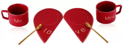 Mr and Mrs Ceramic mug || Couple Coffee Cup and Tea Mugs with Heart Shape Saucer & Stainless Spoon || Microwave Safe, Dishwasher Safe| Valentine Day Gift Mug. (Red)