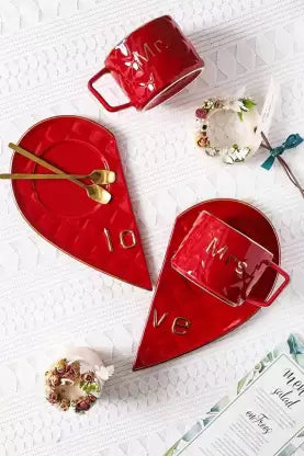 Mr and Mrs Ceramic mug || Couple Coffee Cup and Tea Mugs with Heart Shape Saucer & Stainless Spoon || Microwave Safe, Dishwasher Safe| Valentine Day Gift Mug. (Red)
