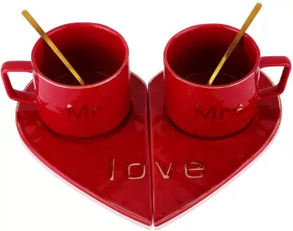 Mr and Mrs Ceramic mug || Couple Coffee Cup and Tea Mugs with Heart Shape Saucer & Stainless Spoon || Microwave Safe, Dishwasher Safe| Valentine Day Gift Mug. (Red)