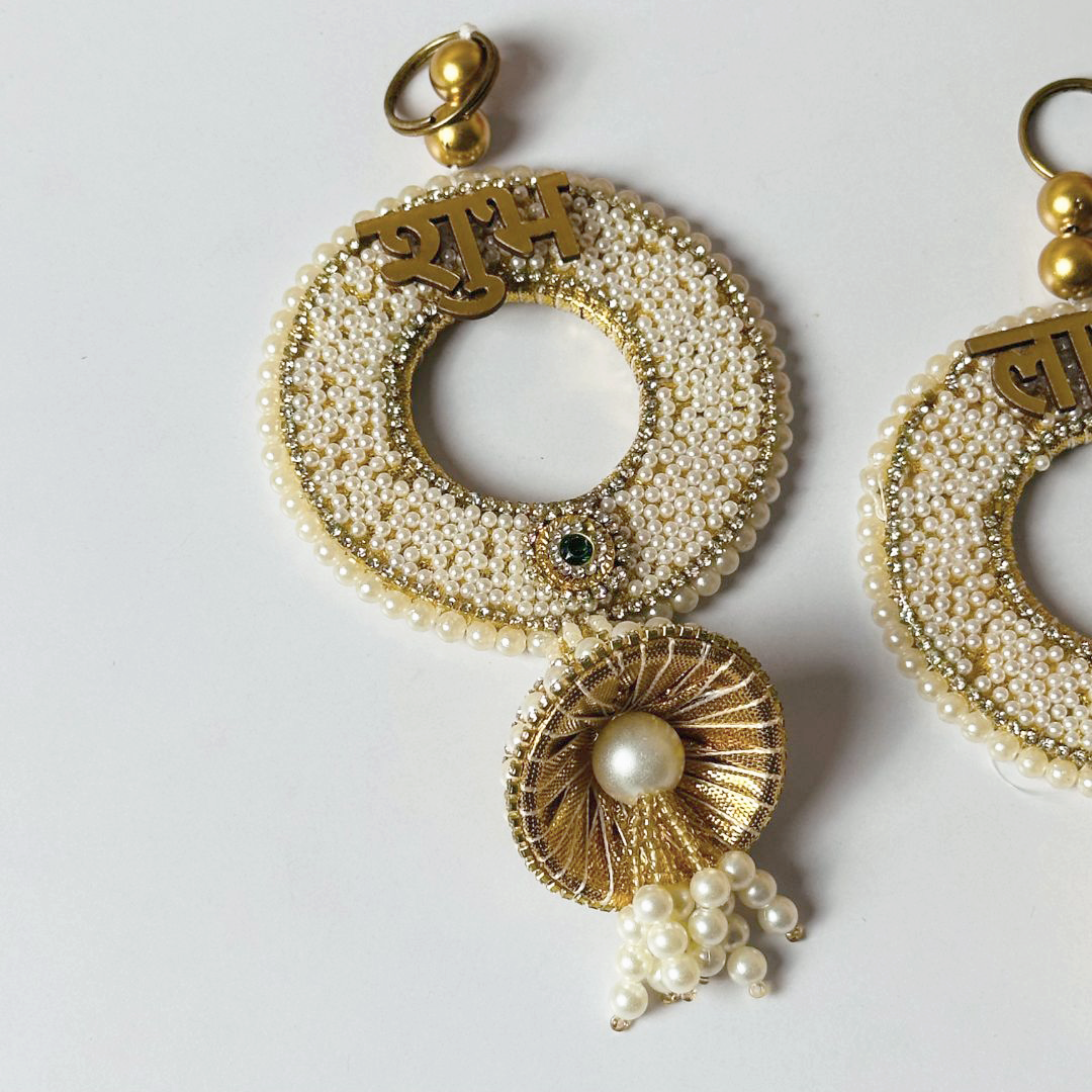 Elegant “Shubh Labh” Pearl & Bead Wall Hanging Pair – Festive Door Décor