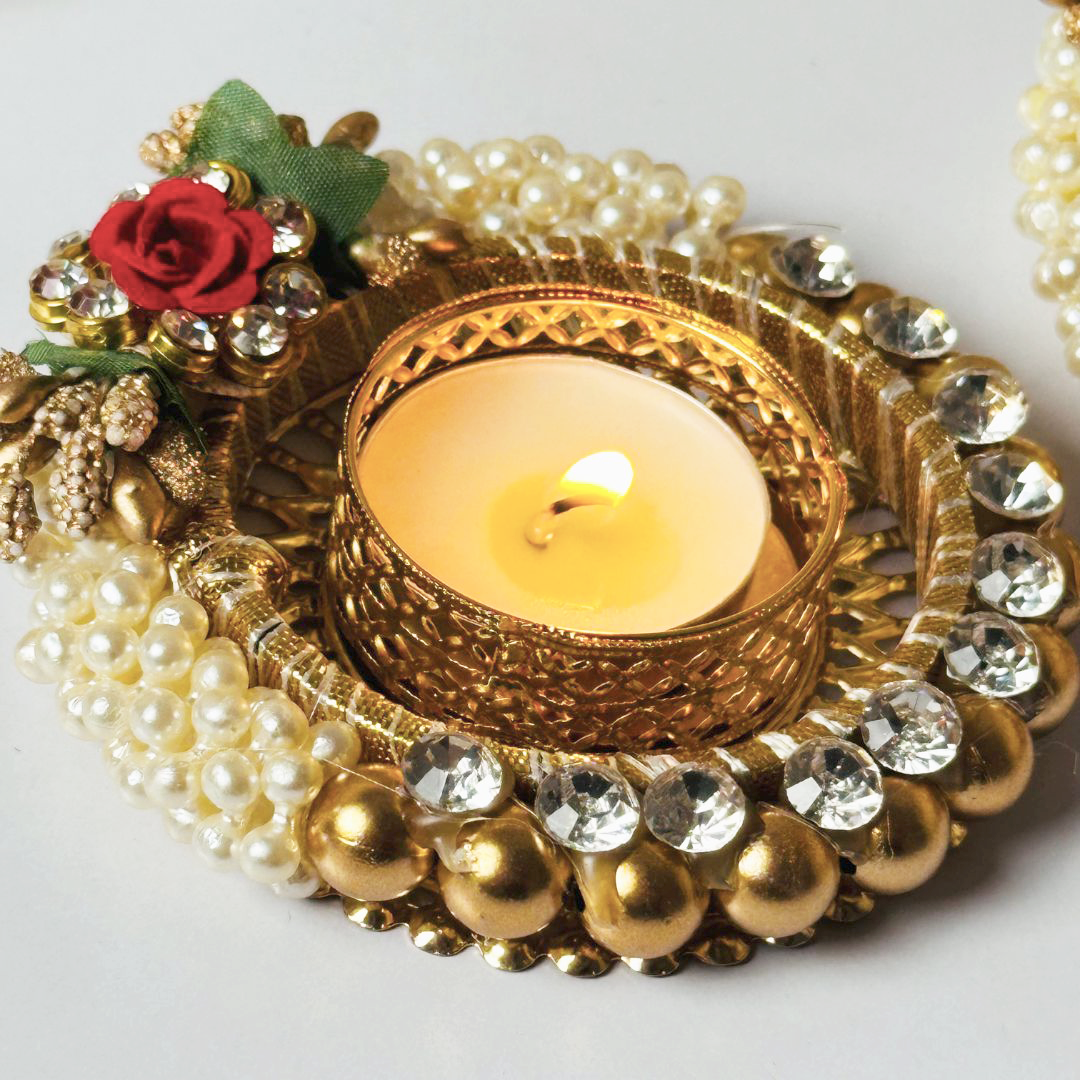 Luxury Pearl & Floral Decorative Tealight Holders – Set of 2