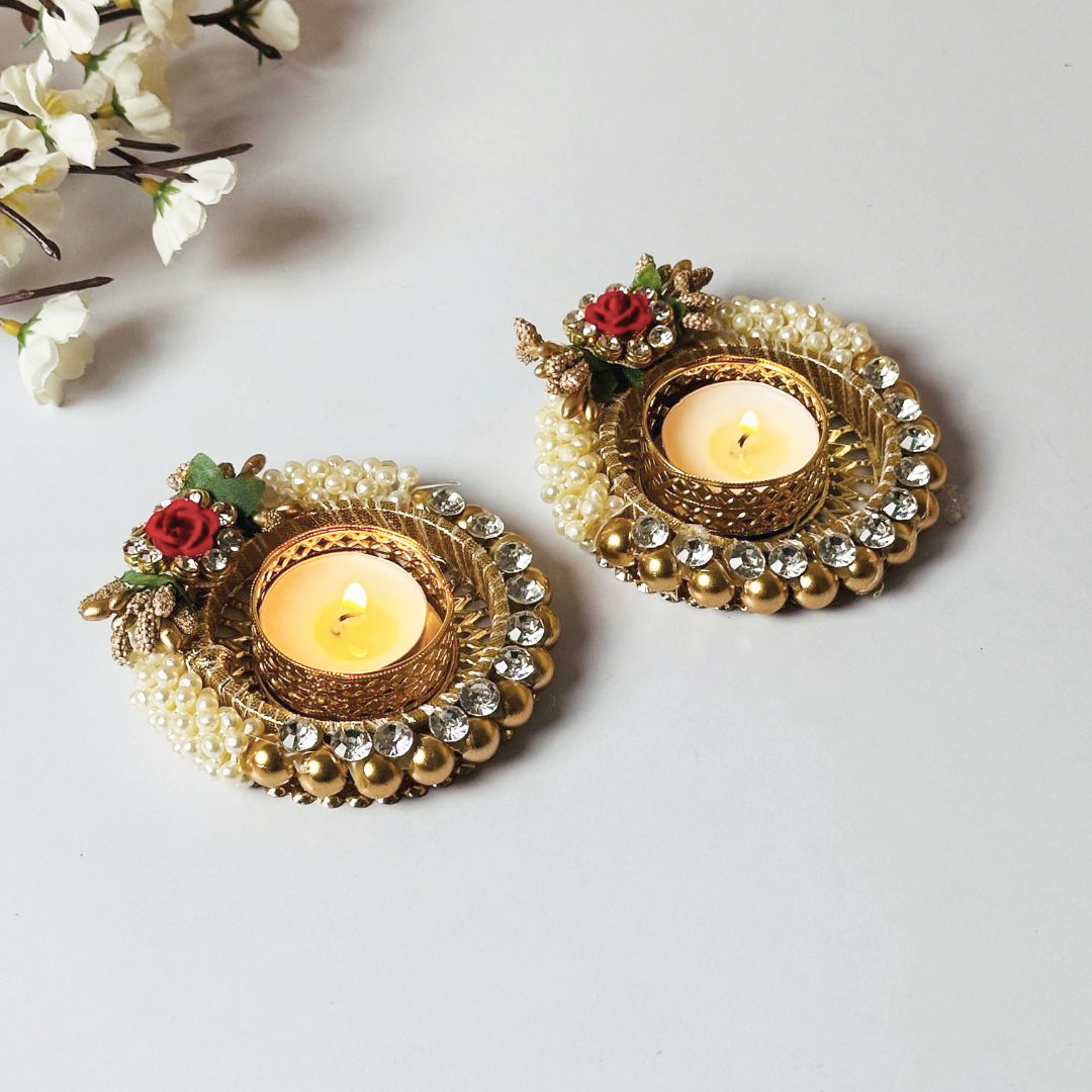 Luxury Pearl & Floral Decorative Tealight Holders – Set of 2
