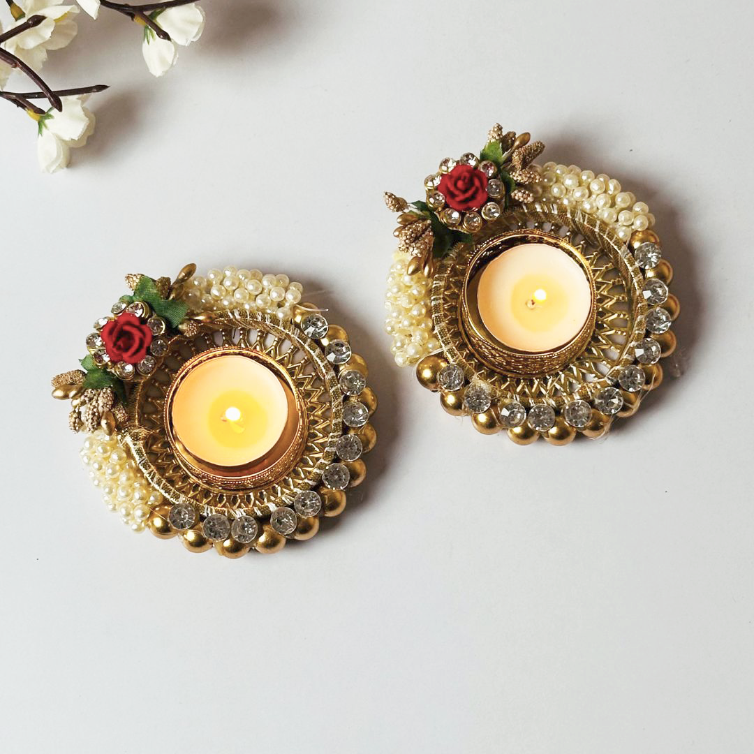 Luxury Pearl & Floral Decorative Tealight Holders – Set of 2
