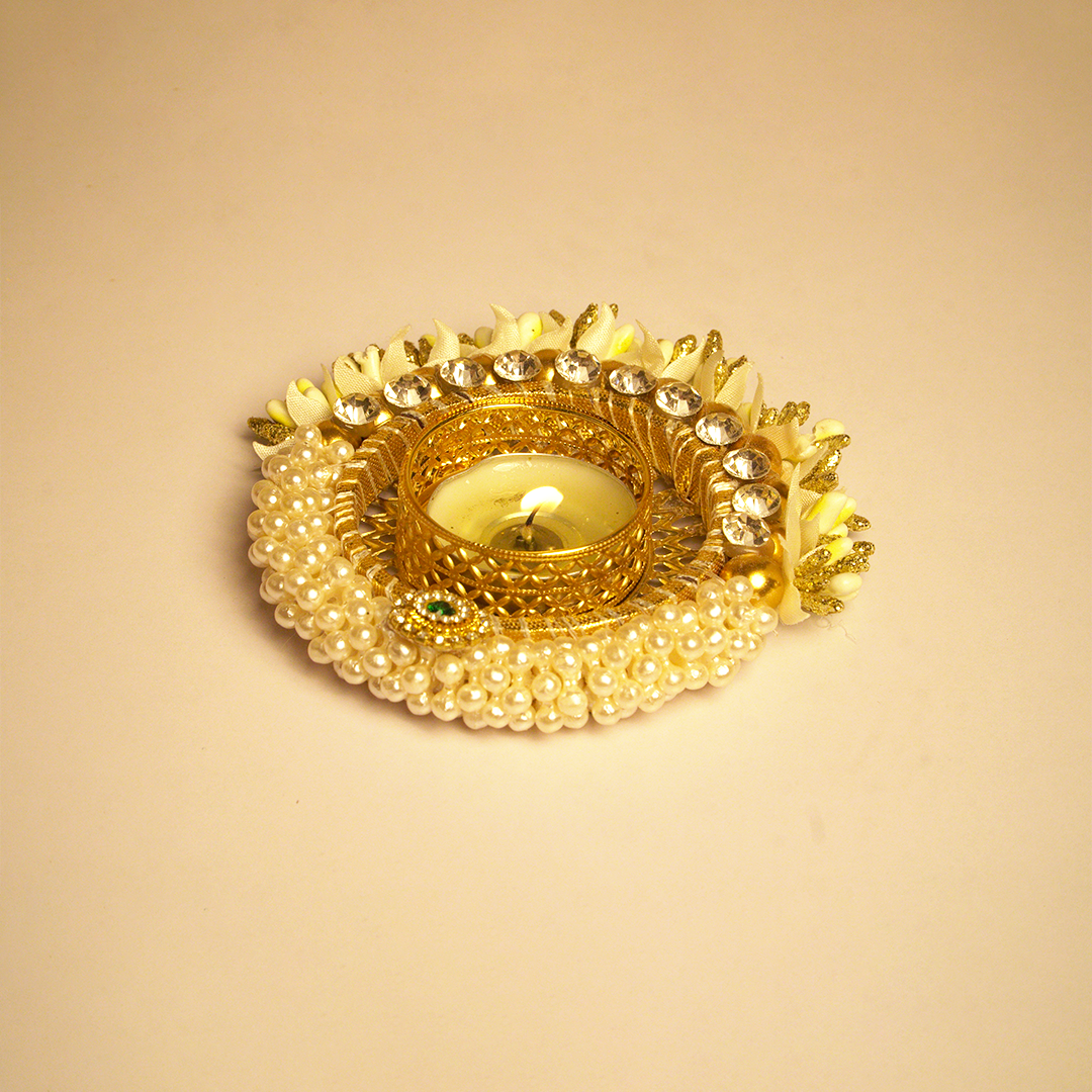 Elegant Pearl & Stone Decorative Diya Set of 2 – Festive Home Décor