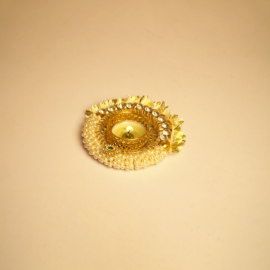 Elegant Pearl & Stone Decorative Diya Set of 2 – Festive Home Décor
