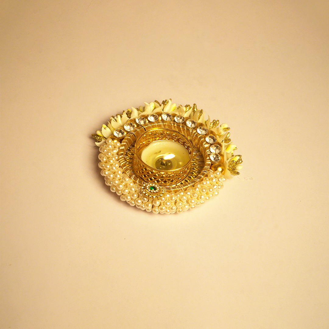Elegant Pearl & Stone Decorative Diya Set of 2 – Festive Home Décor
