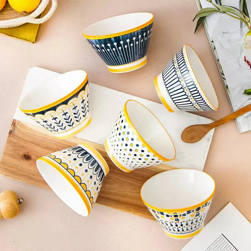 Golden Rim Harmony Bowls – Set of 6 | Elegant Ceramic Serving Bowls