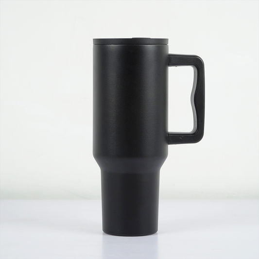 Matte Black Insulated Travel Mug with Handle & Straw
