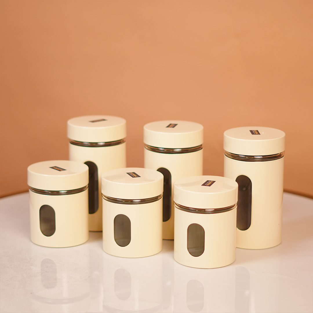 Window Metal Jacketed Glass Jars Set of 3 - Glass Containers for Kitchen Storage with Transparent See