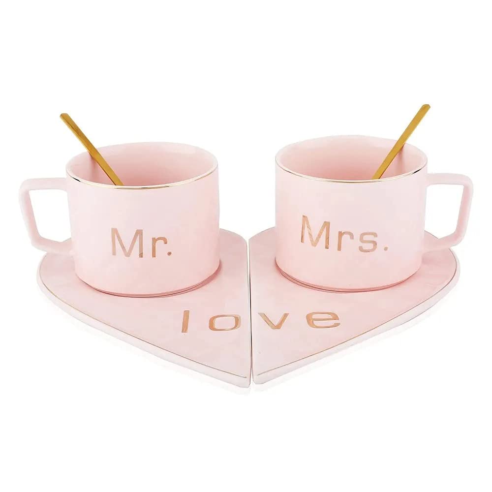 Mr and Mrs Ceramic mug || Couple Coffee Cup and Tea Mugs with Heart Shape  Saucer || Microwave Safe, Dishwasher Safe| Valentine Day Gift Pink Mug.