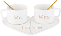 Mr and Mrs Ceramic mug || Couple Coffee Cup and Tea Mugs with Heart Shape  Saucer & Stainless Spoon || Microwave Safe, Dishwasher Safe| Valentine Day Gift Mug. (white)