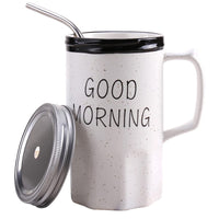 Good Morning Printed Ceramic Mug with Stainless Steel Straw for Cold Coffee and Ice Tea, 350 ml (White)