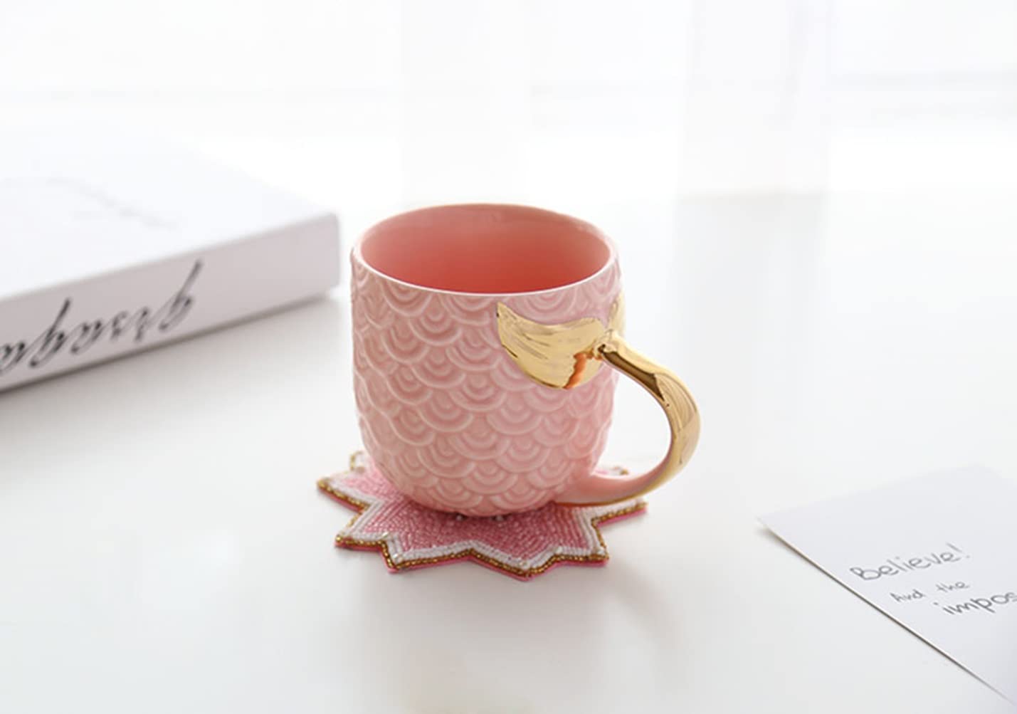 Mermaid Coffee Mugs/Tea Cups with Gold Handle Creative Ceramic Drinkware (Pink)