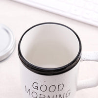 Good Morning Printed Ceramic Mug with Stainless Steel Straw for Cold Coffee and Ice Tea, 350 ml (White)