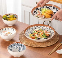 Blue Blossom Ceramic Dinner Set – 4 Bowls & 2 Plates | Hand-Painted Floral Design