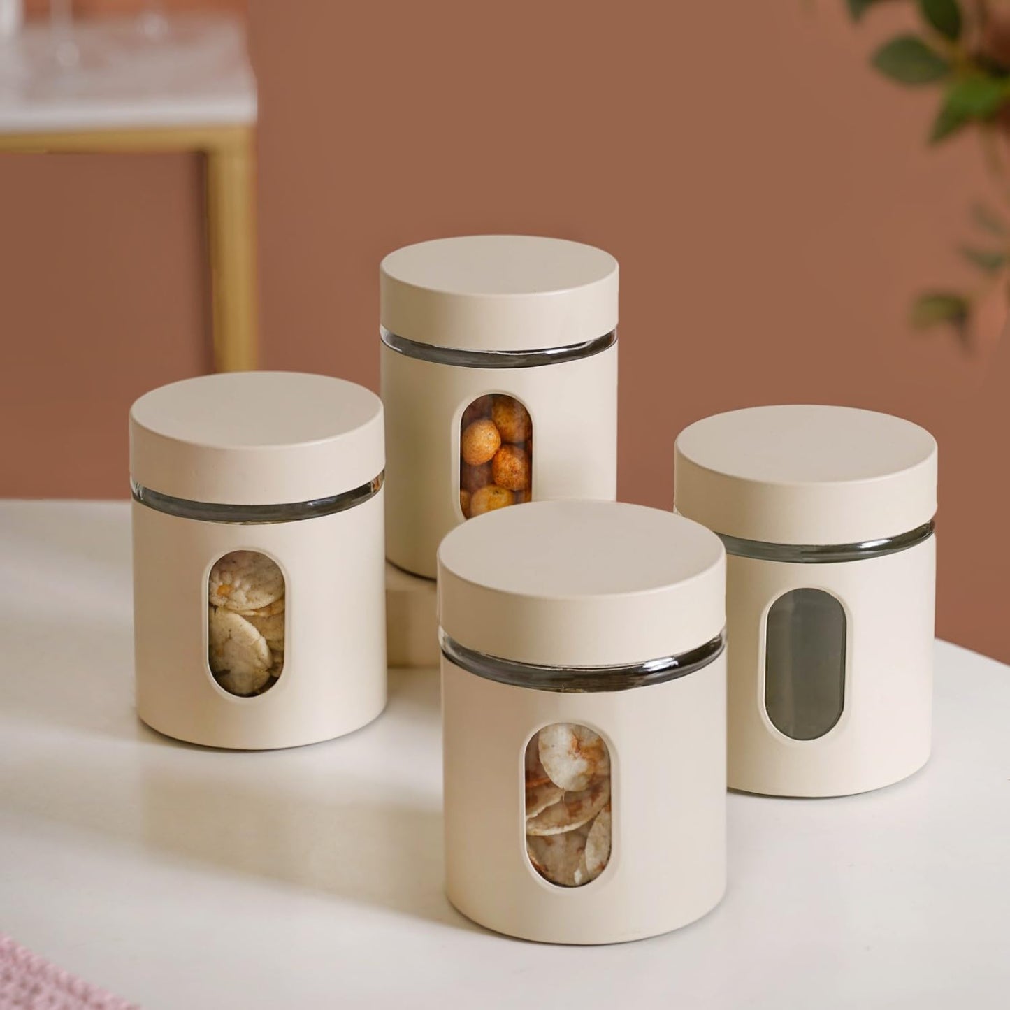 Window Metal Jacketed Glass Jars Set of 3 - Glass Containers for Kitchen Storage with Transparent See