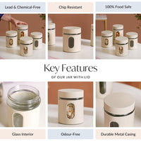 Window Metal Jacketed Glass Jars Set of 3 - Glass Containers for Kitchen Storage with Transparent See