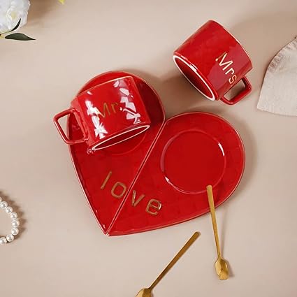 Mr and Mrs Ceramic mug || Couple Coffee Cup and Tea Mugs with Heart Shape  Saucer & Stainless Spoon || Microwave Safe, Dishwasher Safe| Valentine Day Gift Mug. (Red)