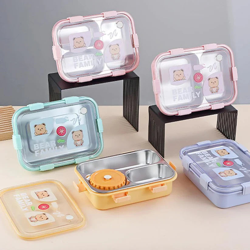 Personalized Stainless Steel Bear Family Bento Lunch Box (3 Grid) With Bowl for Kids