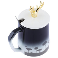 Deer Cute Coffee Mugs Funny Ceramic Tea Cups with Golden Deer Lid and Stainless Spoon Gifts for Animal Lovers, Girls, Nature Lovers.