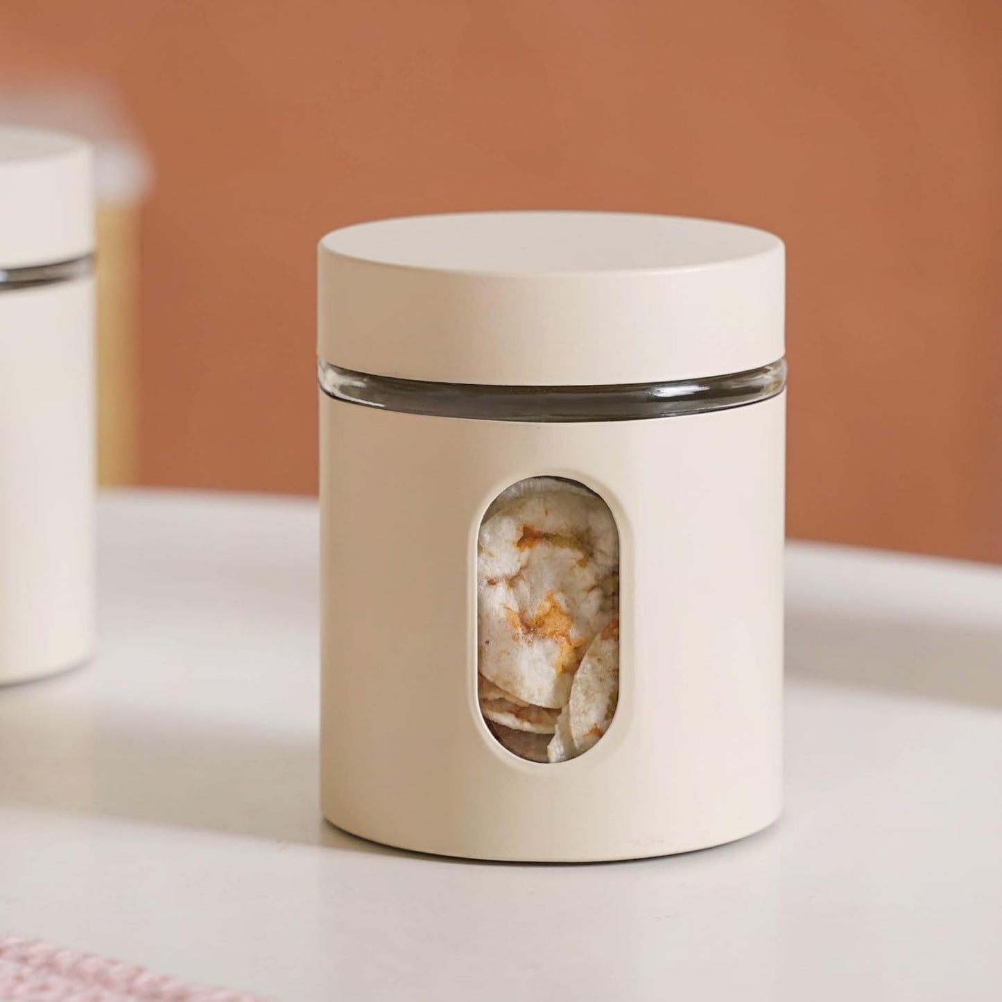 Window Metal Jacketed Glass Jars Set of 3 - Glass Containers for Kitchen Storage with Transparent See