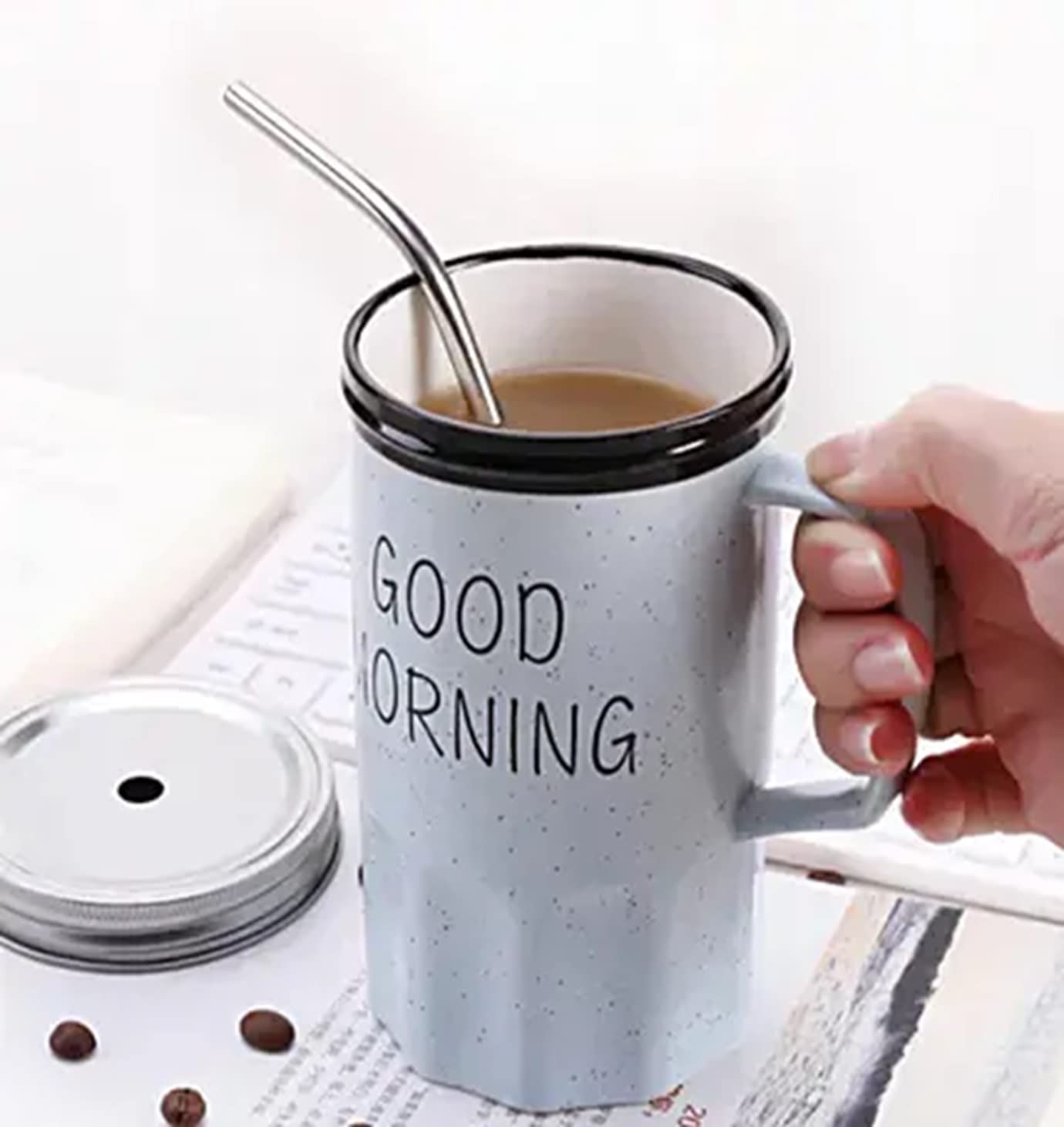 Good Morning Printed Ceramic Mug with Stainless Steel Straw for Cold Coffee and Ice Tea, 350 ml (Blue)